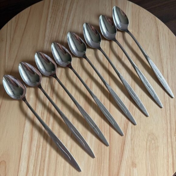 8 Fantasy Iced Tea Spoons Oneida 1881 Rogers Stainless 7 5/8" Atomic MCM - Picture 3 of 8
